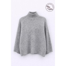 Mixray 6998 Kadın Yarasa Kol Yün Karışımlı Balıkçı Yaka Triko Kazak Gri