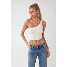 Hiccup Kadın Asimetrik Yaka Soft Crop Top %95 Poliamid Beyaz Kolsuz Tasarım XS - S