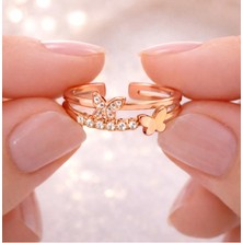 925 Ayar  Rose Gold  Kaplama Zirkon Taşlı Kelebek Gümüş  Yüzük