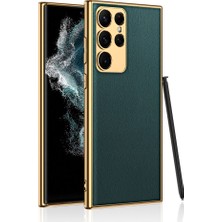 Galaxy S23 Ultra Kılıf Deri Görünümlü Kenarları Elektroplating Kaplama Stsr Fizyon Kapak-Koyu Yeşil