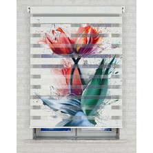 BRIGHTCOVER Laleler Illustrasyon Baskılı Zebra Perde - Gece Gündüz Kullanıma Uygundur - Salon Perdesi | Kokusuz Mürekkeple Basılmış  Zebra Perdeler ile Sende Tarzını Yansıt! | 1 Dakikada Pratik Montaj