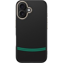 iPhone 16 Plus Kılıf M-Safe Şarj Özellikli Karbon Fiber Görünümlü Stsr Antina Kapak - Siyah-Yeşil