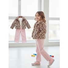 Kız Çocuk Leopar Desenli Peluş Kürk Ceketli 3'lü Kombin Takım