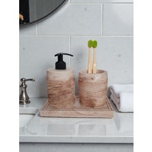 Trust Stone 3'lü Koyu Bej Mermer Desen Banyo Seti ,sıvı Sabunluk Diş Fırçalığı Beton Aksesuar Takımı
