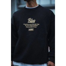 ModaSize Kışlık Bisiklet Yaka Ön ve Arka Baskılı Sweatshirt - Siyah