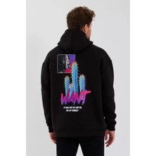 ModaSize Erkek Baskılı Üç Iplik Kapüşonlu Oversize Sweatshirt - Siyah
