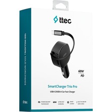 2CKP07S TTEC SMARTCHARGER TRIO PD 60W ARAÇ HIZLI ŞARJ ALETI USB-C+USB-A + DAHILI PD 30W 70CM USB-C Şarj kablosu siyah