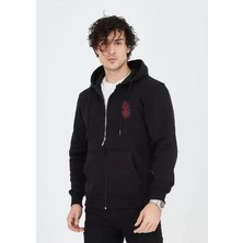 ModaSize Unisex Baskılı Tam Fermuarlı Kapşonlu Sweatshirt - Siyah