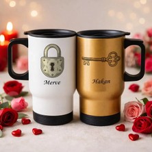 Bk Gift Kişiye Özel Sevgili Çift Tasarımlı 2’li Kulplu Beyaz&gold Çelik Termos Mug 450 ml -7, Sevgiliye Hediye, Sevgililer Günü Hediyesi