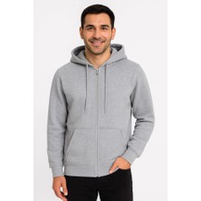 ModaSize Erkek Üç Iplik Kapüşonlu Tam Fermuarlı Kanguru Çepli Sweatshirt Hoodie - Gri