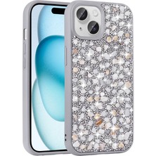 StilStoreTr Apple iPhone 15 Plus Kılıf Parlak Taşlı Tasarım Stsr Linea Kapak-Gümüş
