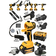 Power Black 6 Lı Pro Set Taşlama Şarjlı Matkap Testere Tilki Kuyruğu Havalı Pompa Somun Sökme Sarı