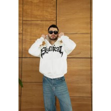 ModaSize Erkek Kapüşonlu Sweatshirt Hoodie 3 Iplik Şardonlu Pamuklu Kumaş, Önü Baskılı, Fermuarlı Rahat Kalıp, Kışlık ve Sokak Stili Sweat - Beyaz