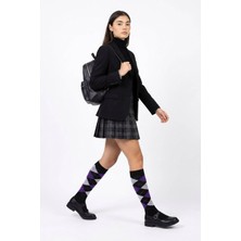 MODA1001 Kadın Ekoseli Premium Dizaltı Çorabı  - Kahve-Mor Kahve-Mor