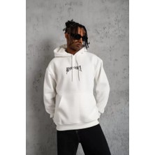 ModaSize Erkek Kordon Ipli Baskılı Kapüşonlu Sweatshirt - Beyaz