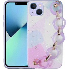 iPhone 13 Uyumlu Simli Desenli El Askılı Tutacaklı Stsr Elsa Silikon Kapak-Lila
