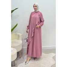 Tesettür Diyarı Krep Kumaş Kenarları Taş Işlemeli Nazende Elbise- Pembe