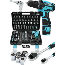 Power Black Korumalı Çelik Şanzuman Şarjlı Matkap 108 Pcs Crv Çeliği Profesyonel Parlak Lokma Takımı Hediyeli