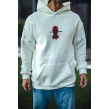 ModaSize Üç Iplik Kapşonlu Baskılı Oversize Sweatshirt- Beyaz