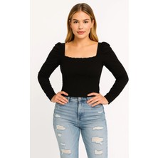 Şans Kadın Büyük Beden Siyah Beden Kısmı Gipe Lastikli Karmen Yaka Uzun Kollu Crop Bluz 65N39260
