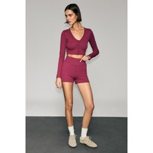 Urban Beat Sabına Kadın Yumuşak ve Esnek Kumaşlı Düğmeli Baskı Detaylı Slim Fit Bordo Bluz
