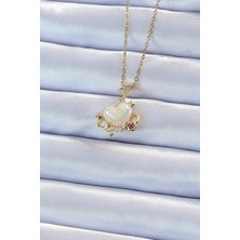 Inure Jewelry 316L Çelik Zincir Altın Renk Zirkon Taşlı Gezegen Görünümlü Kalp Kolye