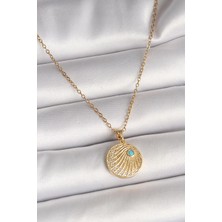 Inure Jewelry 316L Çelik Gold Renk Zincir Zirkon Taş Işlemeli Mavi Taş Detaylı Madalyon Model Kadın Kolye