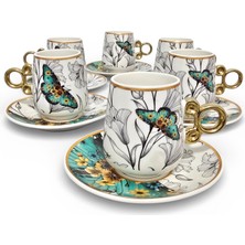 Sudedi Home Sudedi Floral Renkli Yaldızlı 6 Kişilik Kahve Fincan Takımı