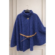 Nsade Kışlık Yaka Düğmeli Deri Kemerli Pelerin Panço