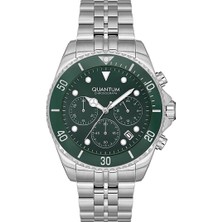Quantum Erkek Kol Saati 44 mm Metal Kordon Kronograf Mekanizma Gümüş & Yeşil Kadran Mavi Kaplamalı Cam 10 Atm