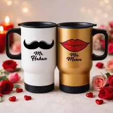 Bk Gift Kişiye Özel Sevgili Çift Tasarımlı 2’li Kulplu Beyaz&gold Çelik Termos Mug 450 ml -15, Sevgiliye Hediye, Sevgililer Günü Hediyesi