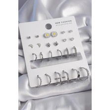 Inure Jewelry Pirinç Gümüş Renk Papatya Detaylı 12 Çiftli Kadın Küpe Seti