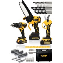 Power Black Germanyprofesyonel 2AKÜLÜ3LÜ Set Şarjlı Dal Ağaç Kesme Testere + Bağ Budama Makası + Akülü Vidalama