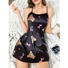 Red Womans Siyah Ince Askılı Ayıcık Desenli Saten Mini Gecelik