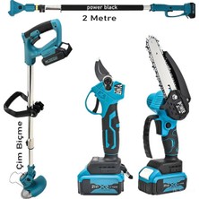 Power Black Germany 3 Lü Bahçe Seti Şarjlı Tırpan Dal Budama Makas 4 Batarta 2 Şarj Cihazı 21 V Xr Hd