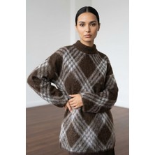Sherin Kahve Ekoseli Oversize Triko Kazak