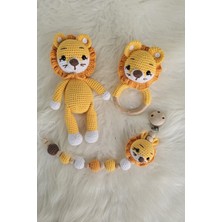 Amigurumi Balkabağı Yeleli Aslan, Çıngırak ve Emzik Zinciri 3'lü Set