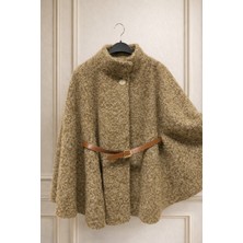 Nsade Kışlık Yaka Düğmeli Deri Kemerli Pelerin Panço