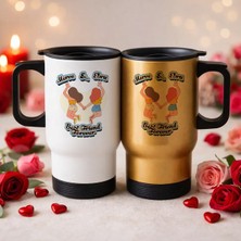Bk Gift Kişiye Özel Best Friend Tasarımlı 2’li Kulplu Beyaz&gold Çelik Termos Mug 450 ml -5 Arkadaşa Hediye En Iyi Arkadaş Termos Seti