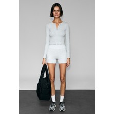 Urban Beat Tullıa Kadın Önü Fermuarlı Baskılı Esnek ve Yumuşak Kumaşlı Slim Fit Grimelanj Bluz