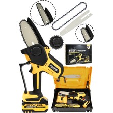 Power Black Power Kömürsüz Motor Şarjlı El Testeresi Ağaç Odun Dal Kesme Budama Çift Kama Çift Zincir