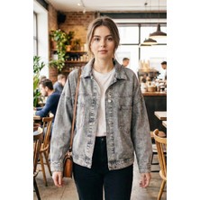 Asist Ast 486 Cep Detaylı Arkası Düğmeli Oversize Kadın Kot Ceket Gri