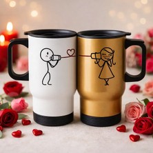 Bk Gift Sevgili Çift Tasarımlı 2’li Kulplu Beyaz&gold Çelik Termos Mug 450 ml -25, Sevgiliye Hediye, Sevgililer Günü Hediyesi