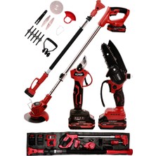 Power Black Profesyonel 3'lü Set 21V Teleskopik Bağ Makası & Çim Biçme Makinesi & Budama Testeresi