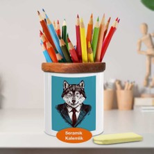 Asilmeydan Takım Elbiseli Kurt Adam Ahşaplı Seramik Kalemlik - 1284-9769