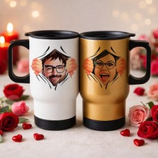 Bk Gift Kişiye Özel Karikatürlü 2’li Kulplu Beyaz&gold Çelik Termos Mug 450 ml -1, Sevgiliye Hediye, Sevgililer Günü Hediyesi