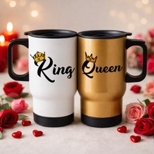 Bk Gift Sevgili Çift Tasarımlı 2’li Kulplu Beyaz&gold Çelik Termos Mug 450 ml -36, Sevgiliye Hediye, Sevgililer Günü Hediyesi