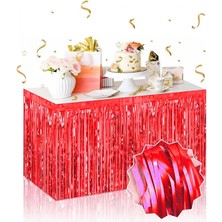 MiraLive Kendinden Yapışkanlı Kırmızı Metalize Püsküllü Masa Eteği