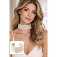 Syaze 4 cm Geniş Ekru Süet Kumaş Metal Detaylı Kadın Choker Kolye