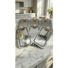 Fabriona Parlak Gümüş/gold Renk 6’lı Lüx Papatyalı Baton Tepsi 14X24 cm – Çay Kahve ve Söz Nişan Tepsisi